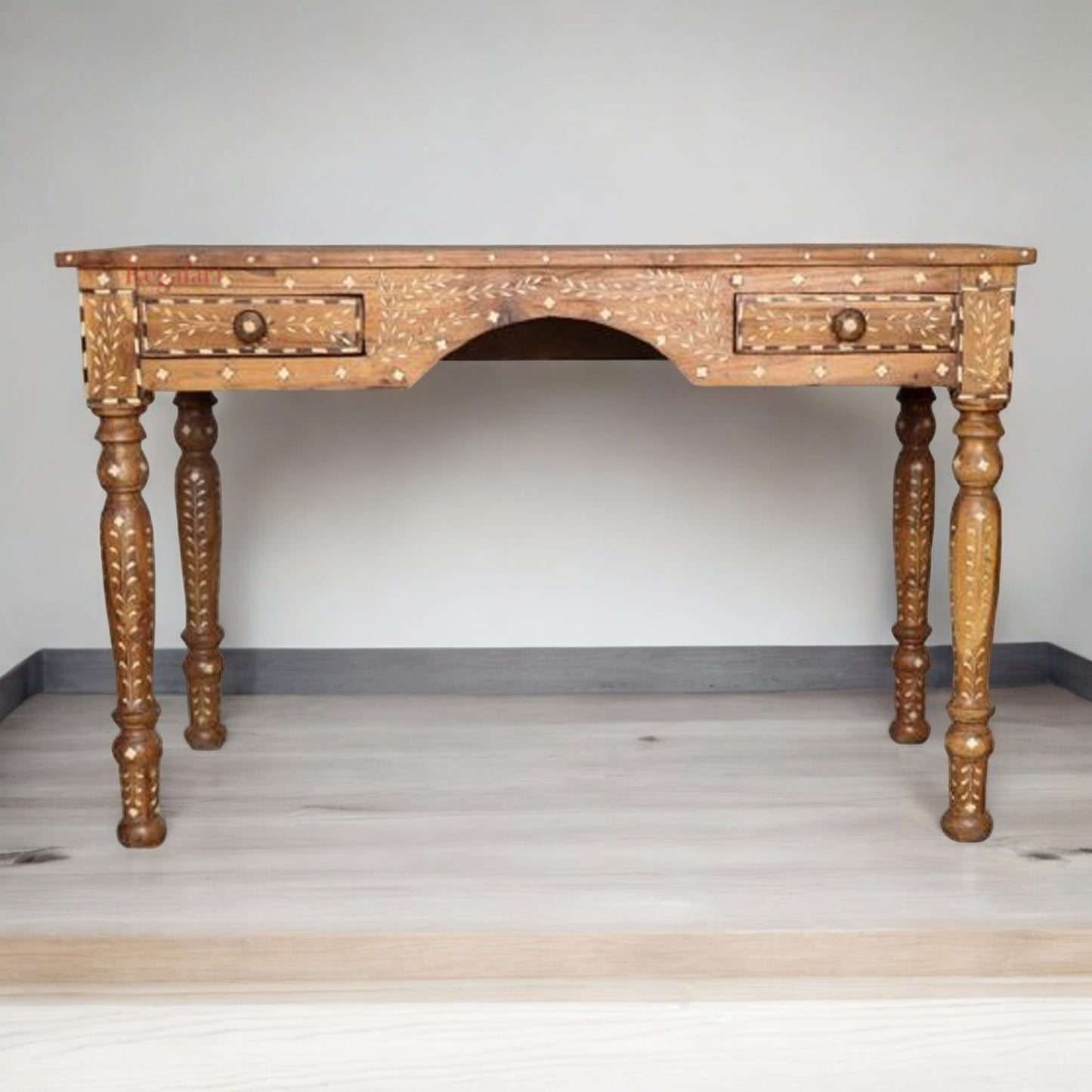 Wooden Carving Bone Inlay Desk Table Handcrafted Floral Art Home Decor