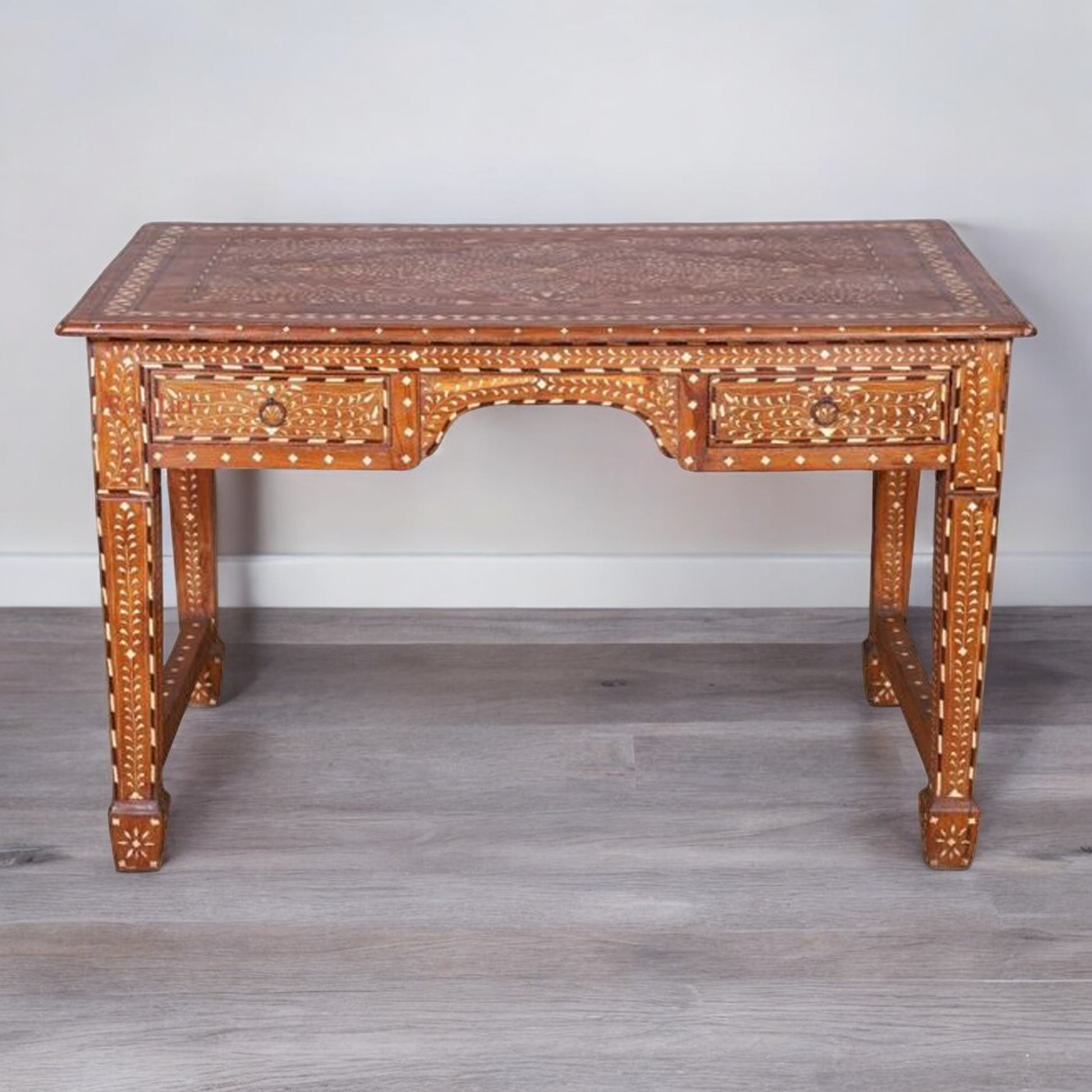 Wooden Carving Bone Inlay Desk Table Drawer Table Study Table Floral Pattern Home Decor Art