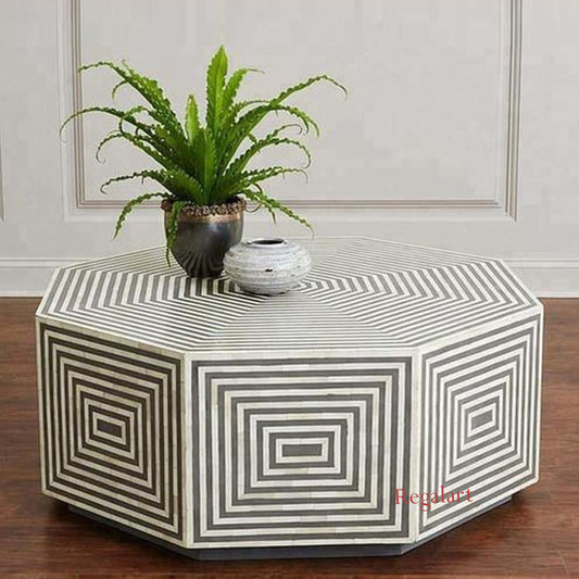 Grey Hexagon Bone Inlay Coffee Table | Handmade Bone Inlay Center Table | Unique Bone Inlay Furniture for Home Décor