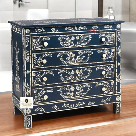 Handmade Navy Bone Inlay Chest of Drawers with Elegant Petal Floral Design – 4 Drawer Artisan Dresser