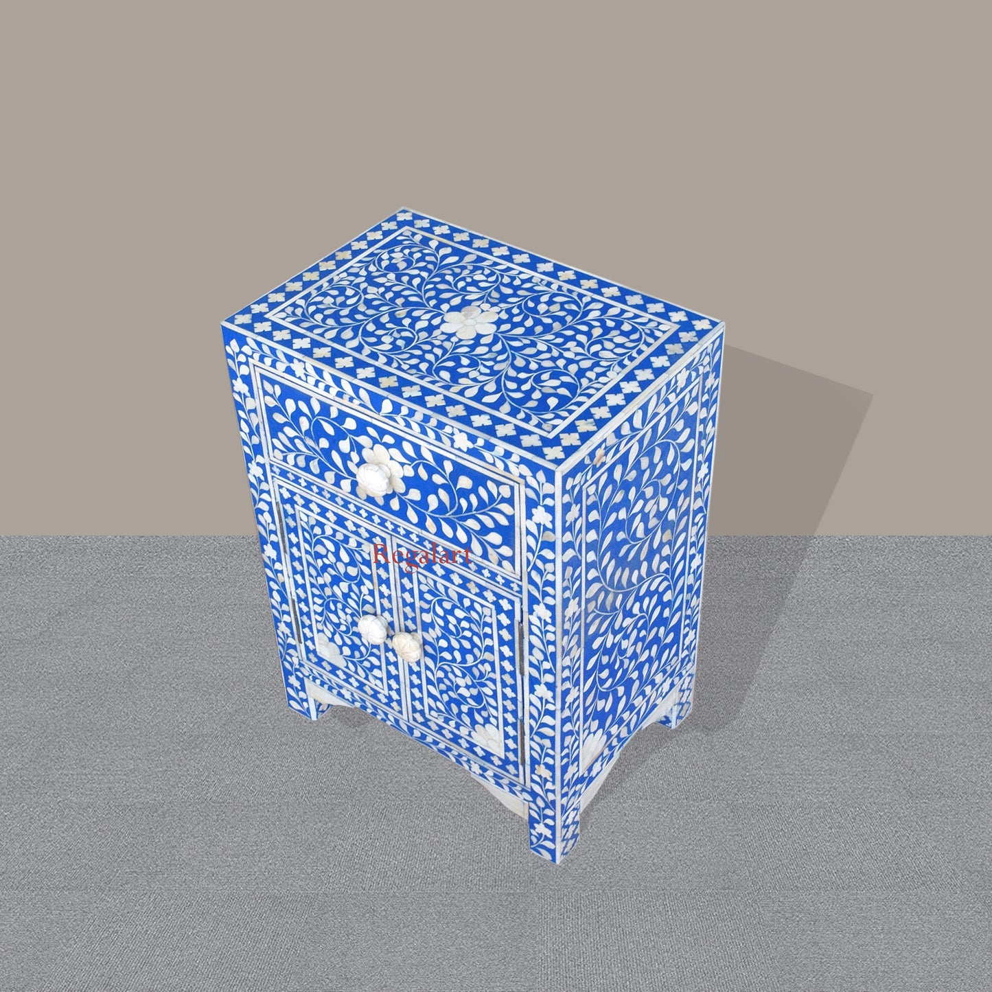 Side angle view of bone inlay nightstand showing smooth resin finish and elegant legs