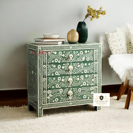 Handmade Four  Drawer Bone Inlay Chest – Green Floral Dresser | Boho Bedroom Storage Cabinet for Home Decor