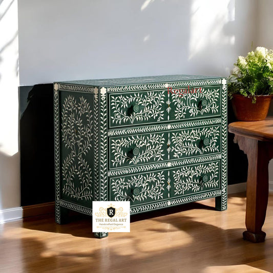 Handmade Bone Inlay Chest of Drawers – Floral Dresser | 3-Drawer Storage Cabinet for Bedroom, Living Room & Entryway
