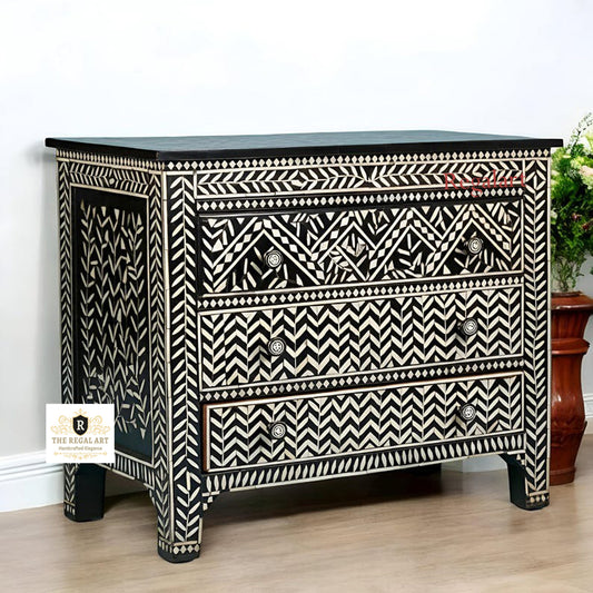 Handmade KitKat Pattern Bone Inlay Dresser – Zed Black 3 Drawer Chest for Bedroom & Living Room