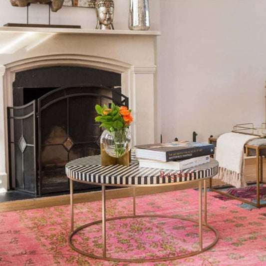 Bone Inlay Coffee Table with Metal Stand | Modern Handmade Furniture