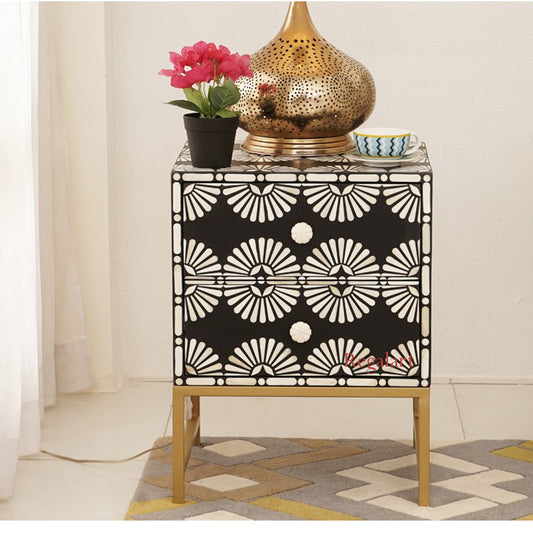 Bone Inlay 2 Drawer Bedside Table | Olivia Pattern Nightstand | Side Table Bedroom & Living Room Decor