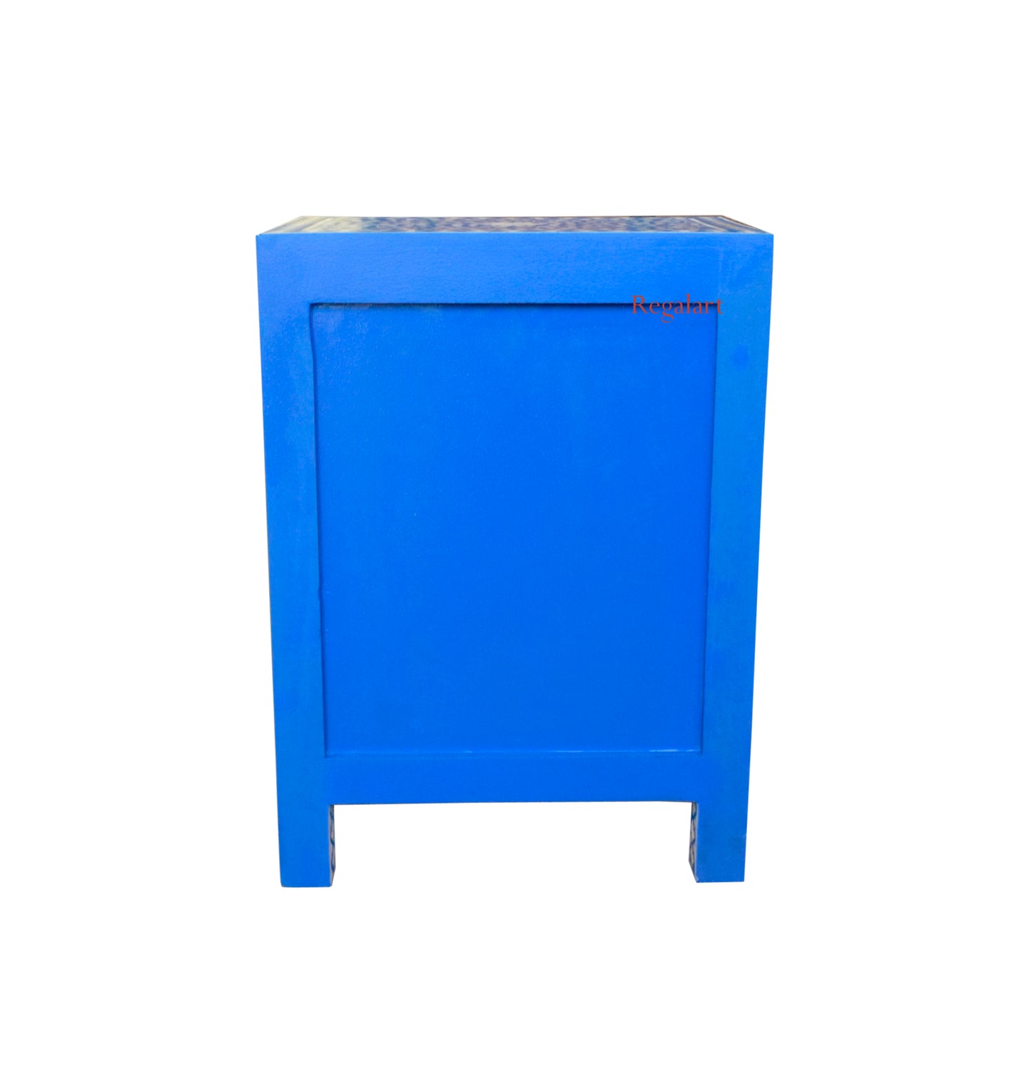 Close-up of intricate bone inlay floral pattern crafted on wooden nightstand