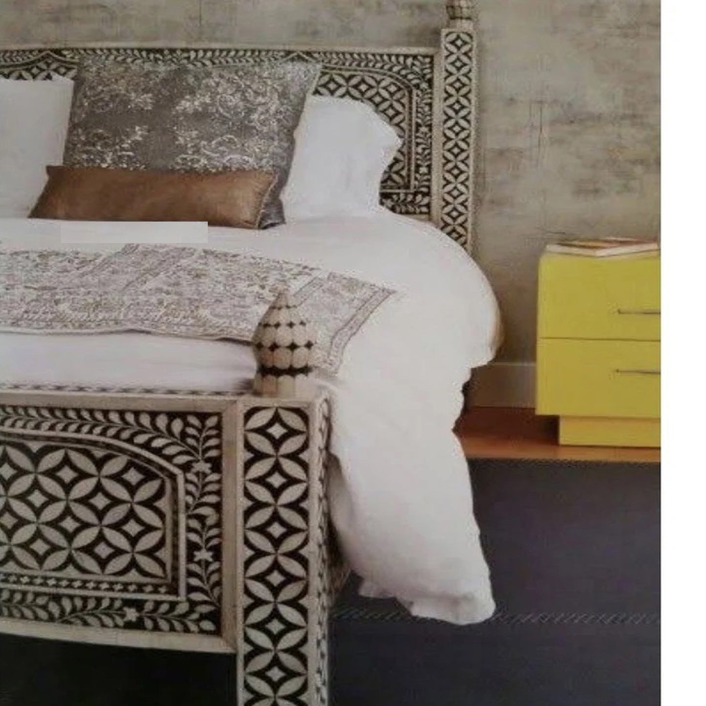 Bone Inlay Bed, Geometric design Bedroom Furniture, Wooden Vintage Head board "Personalized