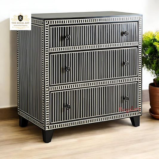 Handmade Bone Inlay Chest – Waterfall Pattern 3 Drawer Dresser | Luxury Storage Cabinet for Home Decor