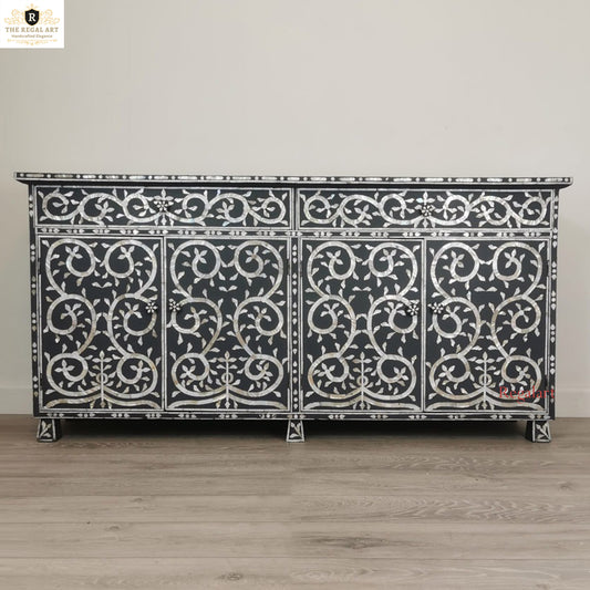Charcoal Mother of Pearl Sideboard - Vine Inlay Handmade Furniture