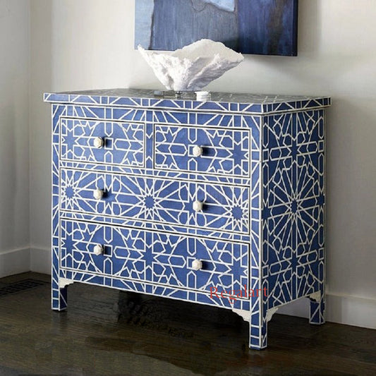 Handmade Bone Inlay Chest with 4 Drawers - Moroccan Pattern Dresser