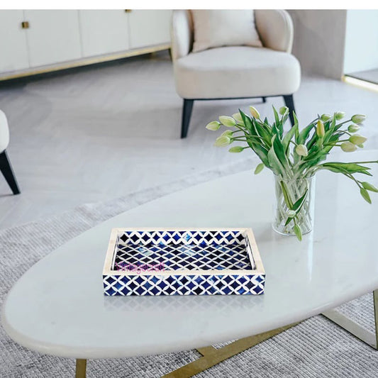 Handmade Blue Bone Inlay Kitchen Serving Tray with Floral Pattern – Decorative Home Décor Accent