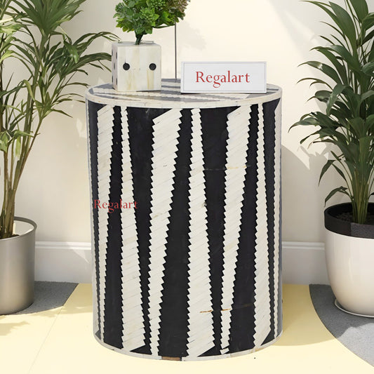 Bone Inlay Side Table & End Table, Black Round Bone Inlay Stool with Electric Pattern - Unique Home Decor Furniture