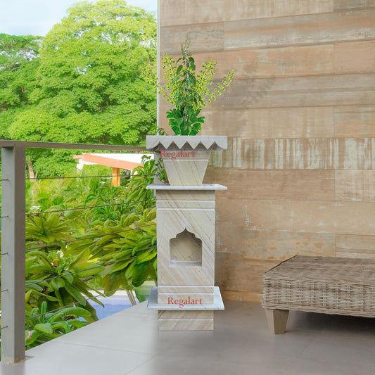 Marble Tulsi Pot for Home | Elegant Tulsi Marble Planter for Roof & Garden | Indoor/Outdoor Marble Home Décor