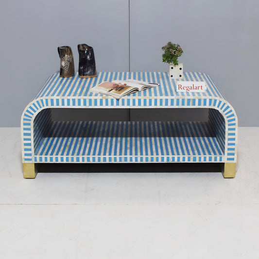Handmade Bone Inlay Double Shelf Waterfall Coffee Table | Elegant Home Decor