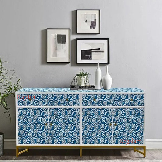 Bone Inlay Sideboard, Bone Inlay Dresser Sunflower Teal Blue Furniture