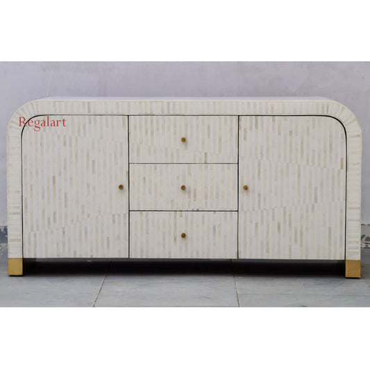 Handmade Bone Inlay Sideboard Curved - White Living Room Furniture | Bone Inlay Furniture