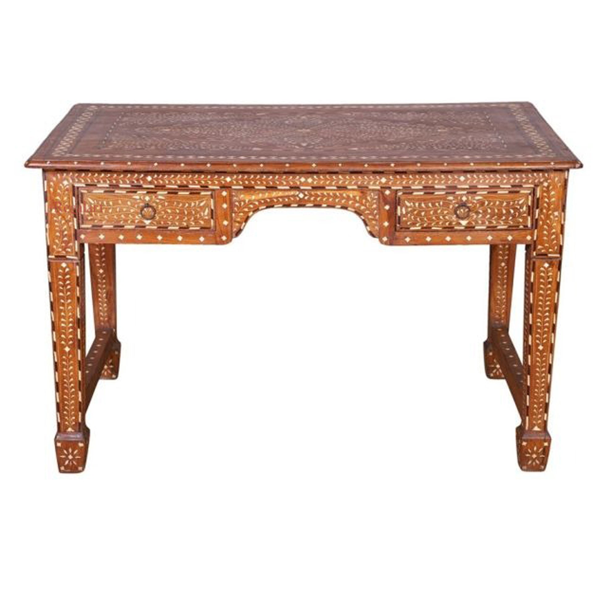 Wooden Carving Bone Inlay Desk Table Drawer Table Study Table Floral Pattern Home Decor Art