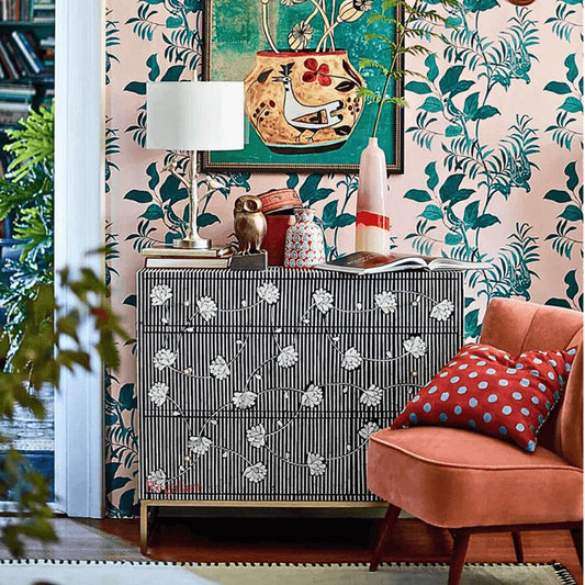 Bone Inlay Chest of Drawers Floral Blossom Indigo Finish | 3-Drawer Luxury Dresser | Elegant Home Storage Furniture