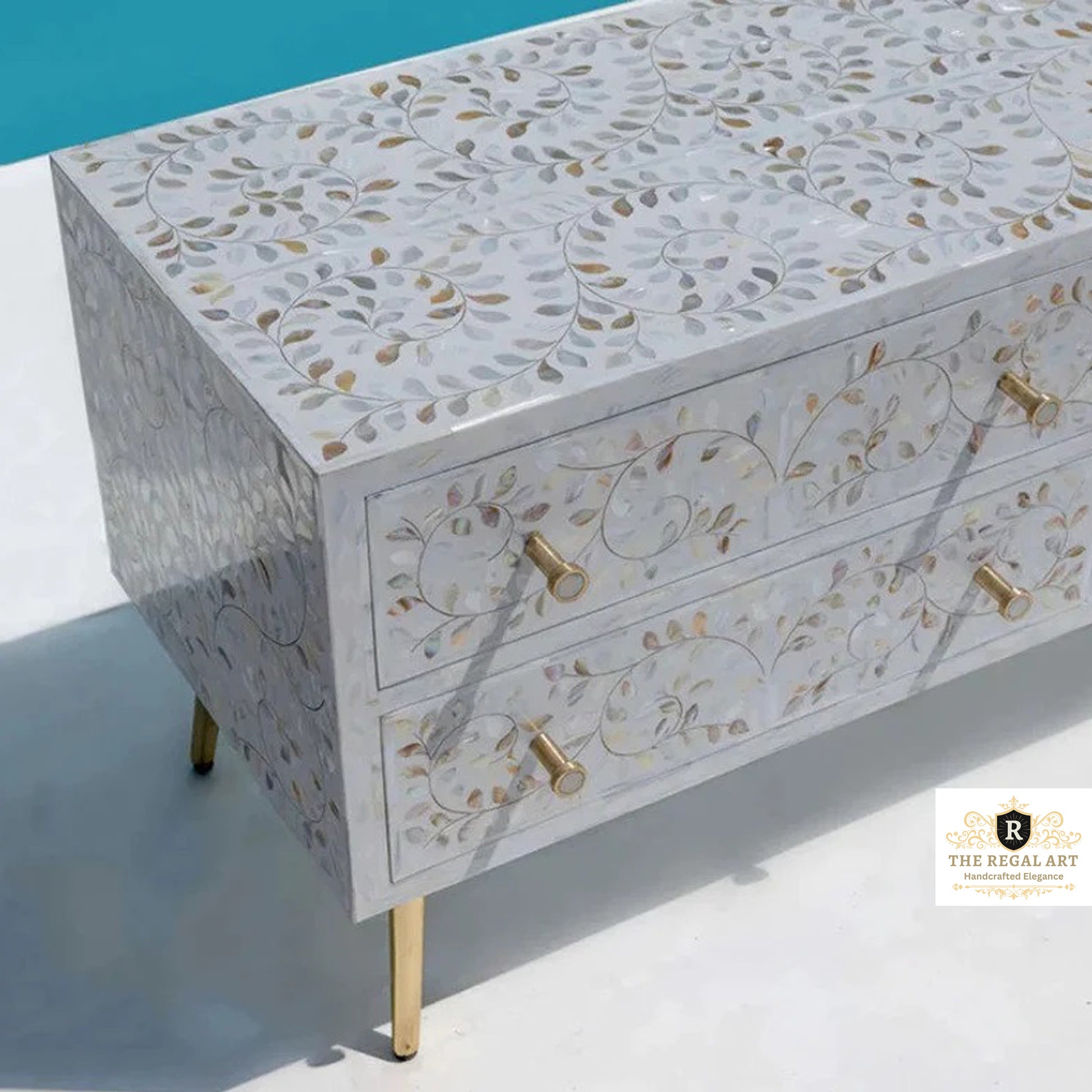 Mother of Pearl Inlay floral design Media Console, optical Unit, Mother of Pearl inlay Entertainment Unit for Living Room