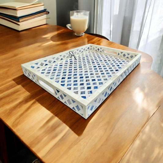 Moroccan blue bone inlay serving tray handmade for kitchen and decor