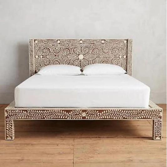 Bone Inlay Bed, Floral Pattern Vintage Look King And Queen Size Bed, Bedroom Décor Personalized