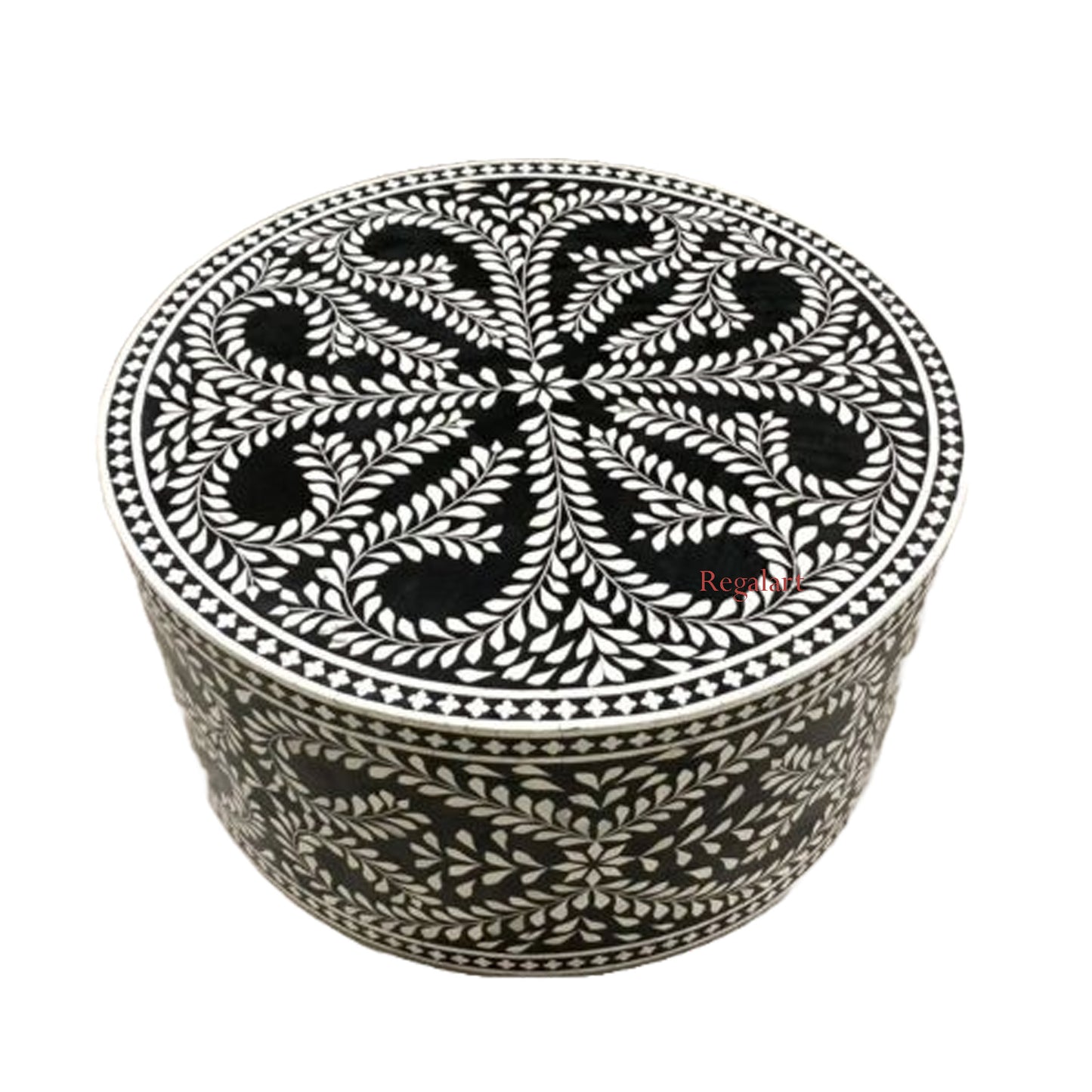 Bone Inlay Coffee Table Center Table Handmade Round Coffee Table Floral Pattern