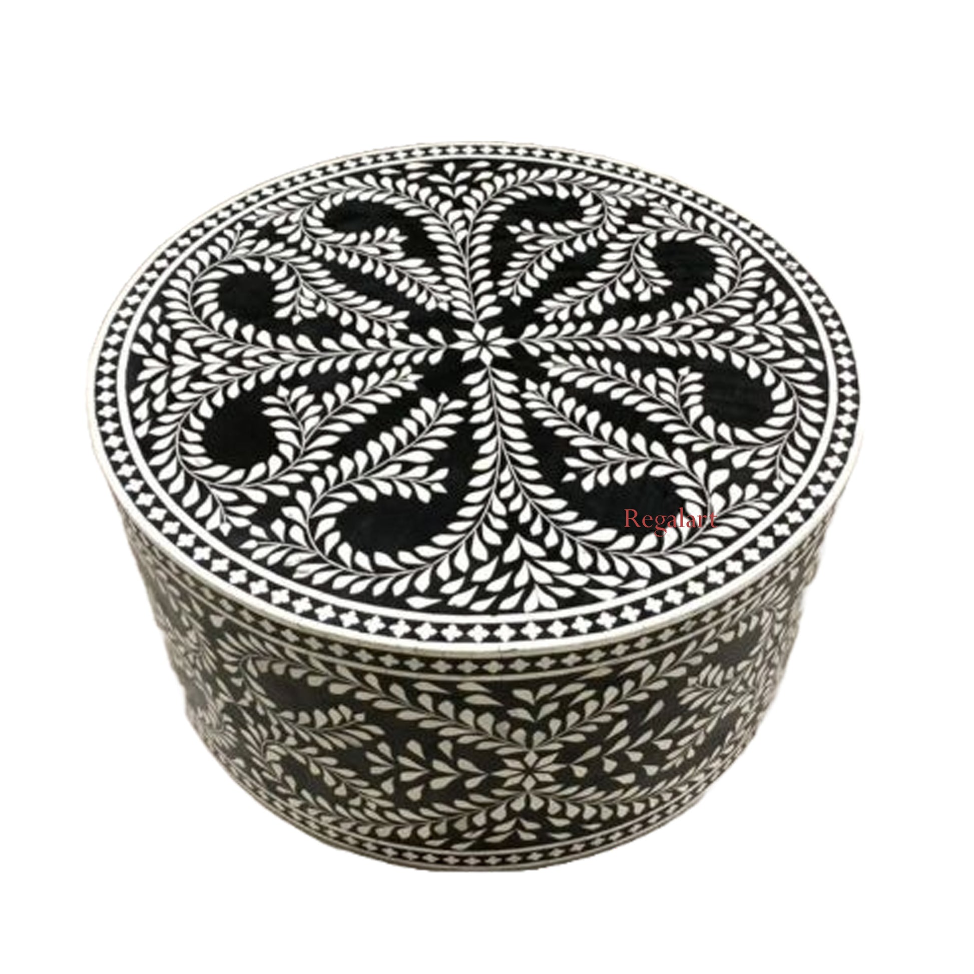 Bone Inlay Coffee Table Center Table Handmade Round Coffee Table Floral Pattern