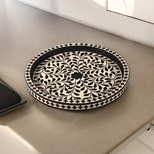 Handmade Bone Inlay Serving Tray with Blue Floral Design – Kitchen & Home Décor Tray