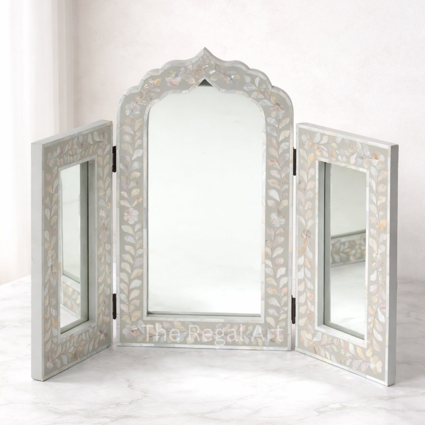 Handmade Mirror Frame – Grey & White Mother Of Pearl Living Room Mirror