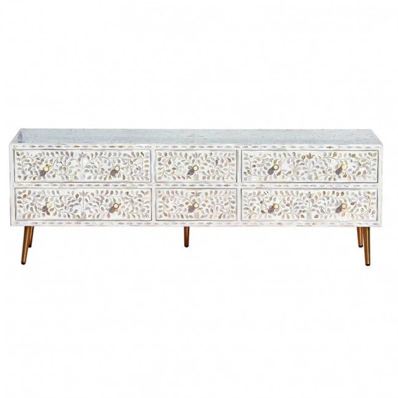 Mother of Pearl Inlay floral design Media Console, optical Unit, Mother of Pearl inlay Entertainment Unit for Living Room