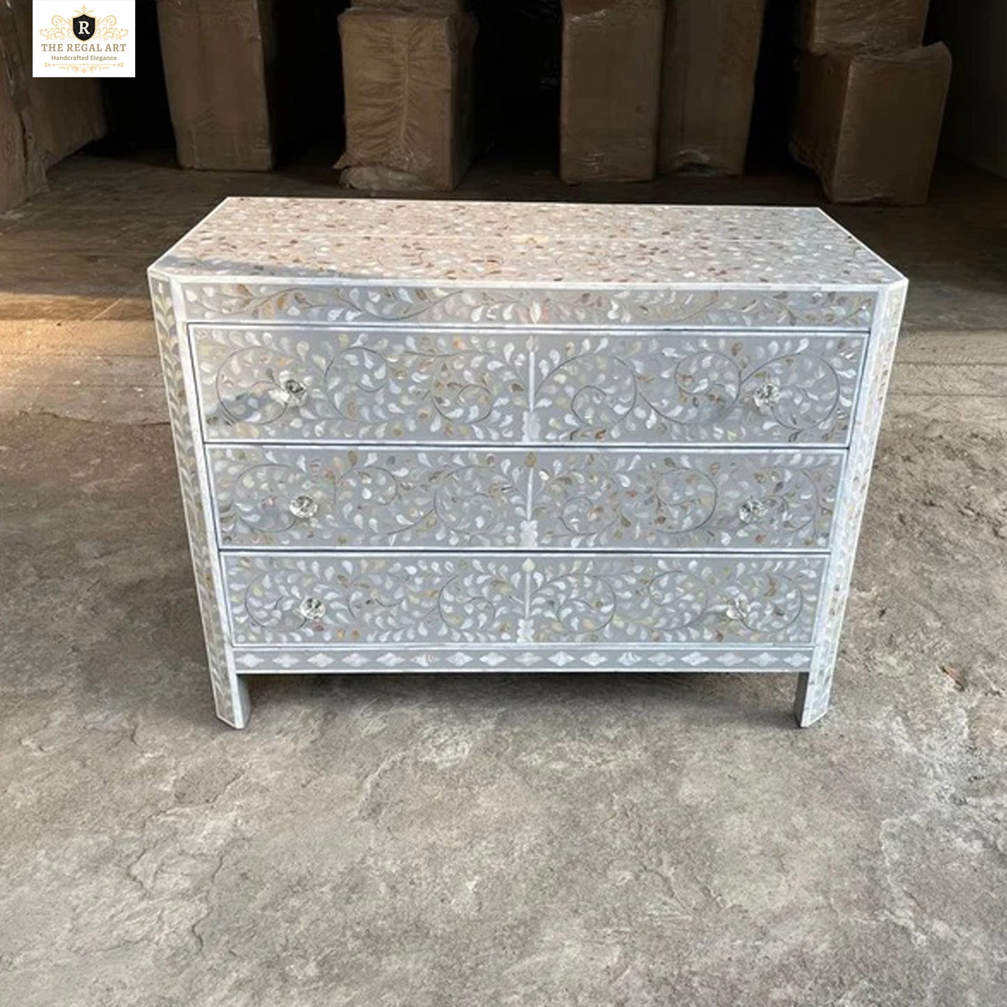 Mother of Pearl Inlay Chest of Drawers, MOP Inlay Dresser,MOP Sideboard,Mother of Pearl Inlay Furniture, Mother of Pearl Three Drawer Dresser