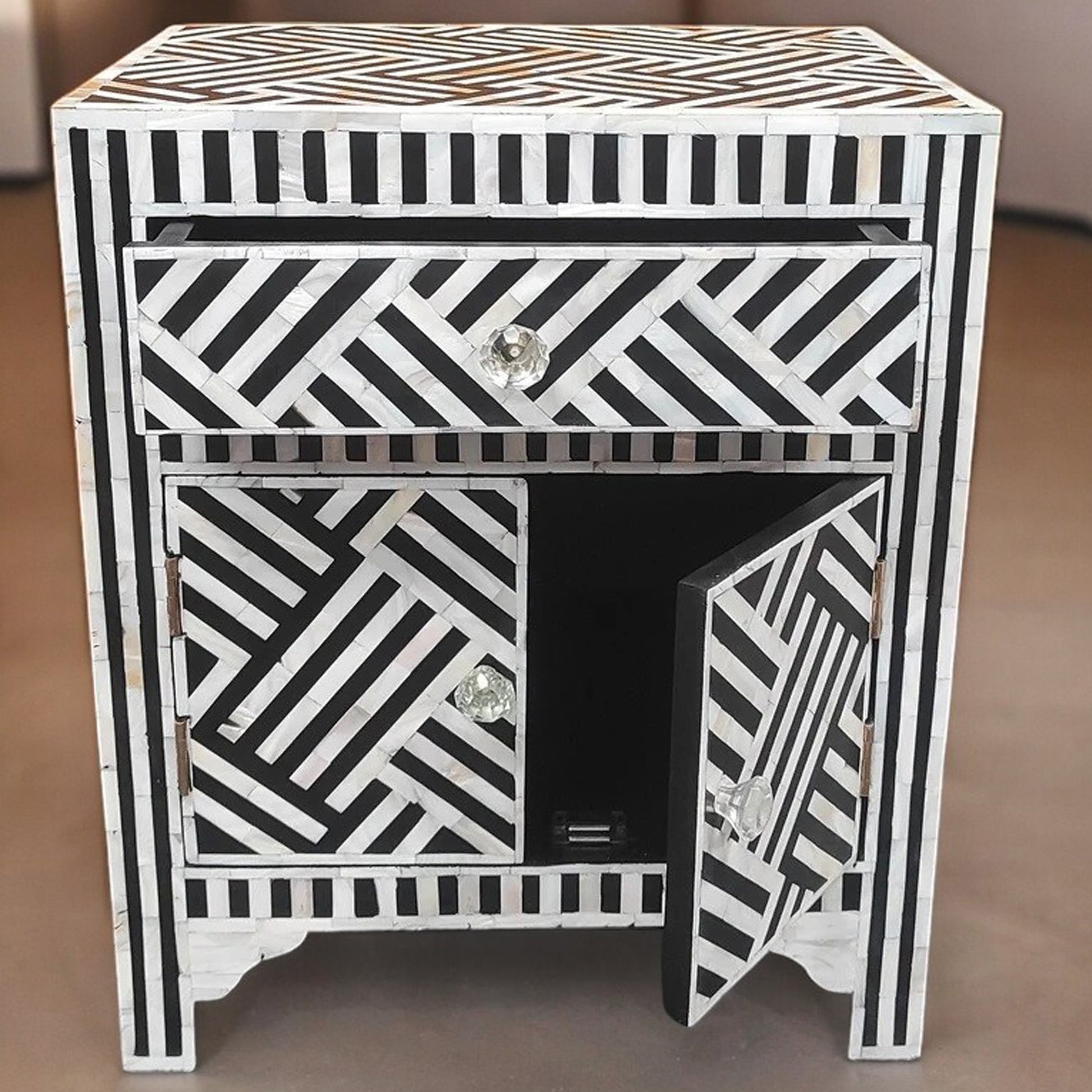 Handmade Mother Of Pearl Inlay Wooden Modern Strip Pattern Bedside/Sidetable/Nightstand with 1 Drawer and 2 Door Furniture with freeshipping