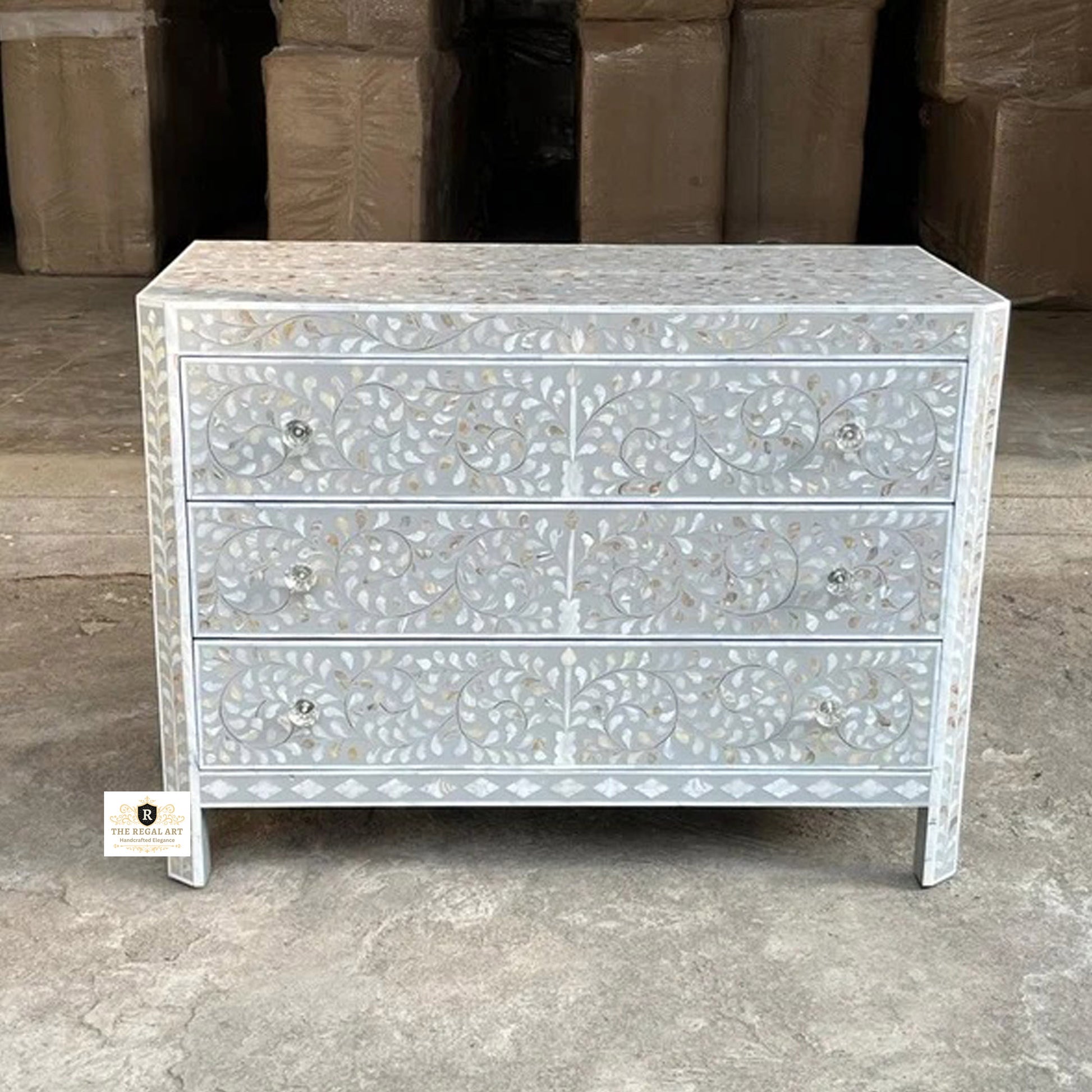 Mother of Pearl Inlay Chest of Drawers, MOP Inlay Dresser,MOP Sideboard,Mother of Pearl Inlay Furniture, Mother of Pearl Three Drawer Dresser