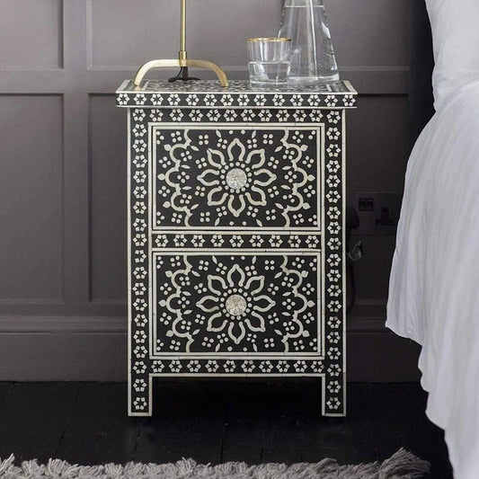 Bone Inlay Night Stand, BedSide Table in Black, bone inlay bedside, Traditional Mandala Design, Handmade, furniture, bone inlay furniture