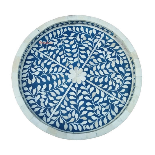 Handmade Round Serving Tray – Floral Pattern – Decorative Bone Inlay Tray
