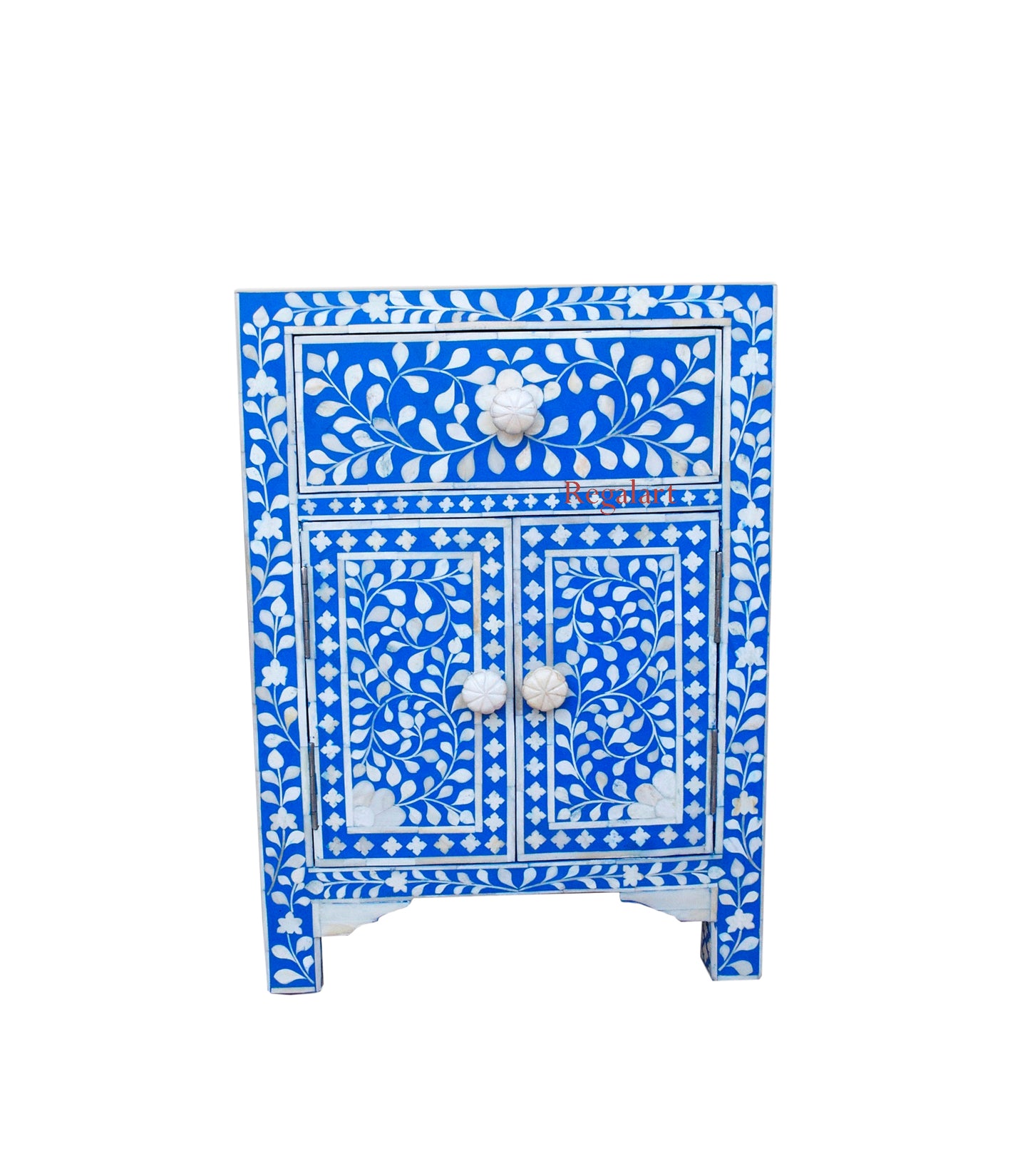 Front view of handmade bone inlay bedside table