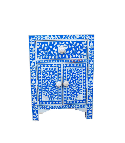 Front view of handmade bone inlay bedside table