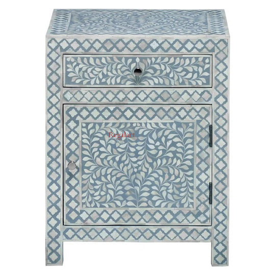 Floral Pattern Bone Inlay Nightstands Elegant Bedside Tables Drawer end Door Table