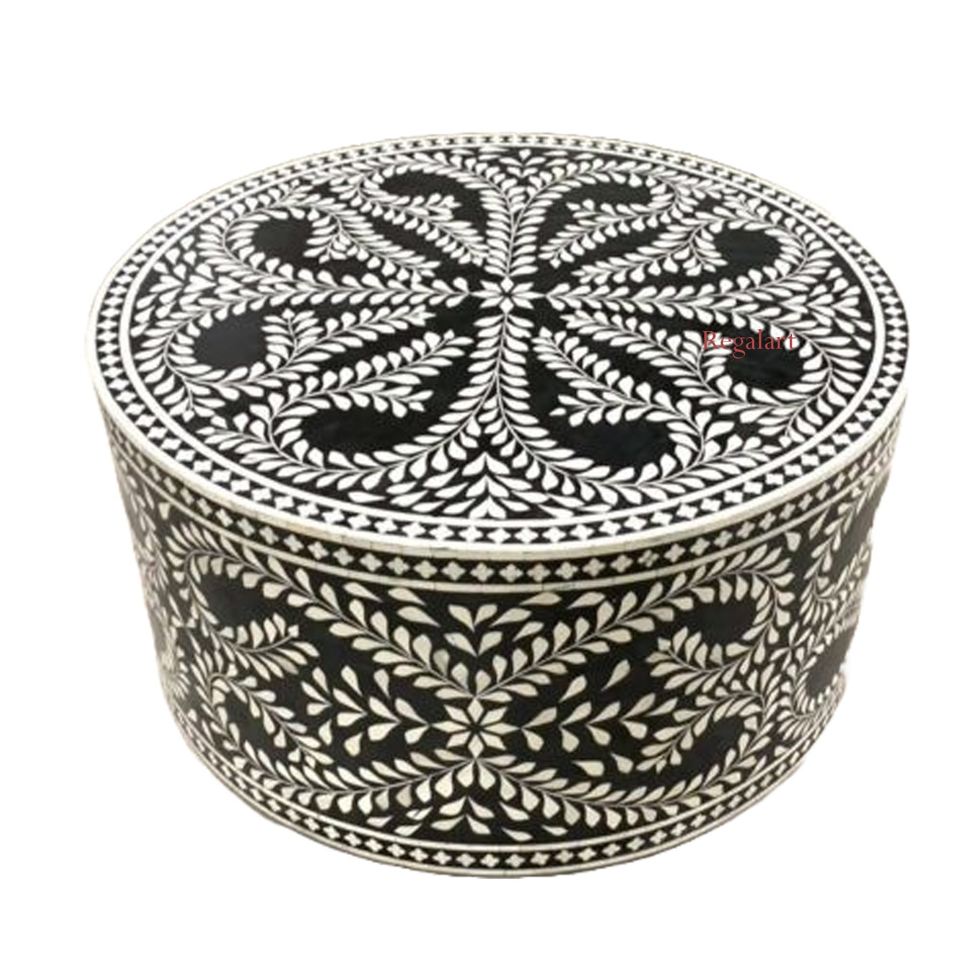 Bone Inlay Coffee Table Center Table Handmade Round Coffee Table Floral Pattern