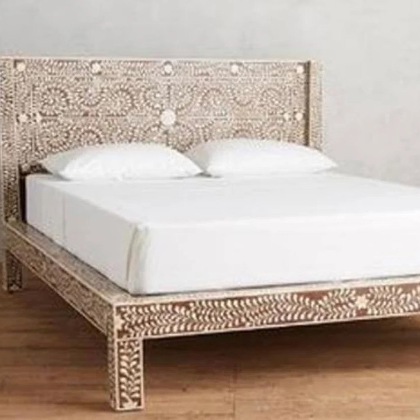 Bone Inlay Bed, Floral Pattern Vintage Look King And Queen Size Bed, Bedroom Décor Personalized