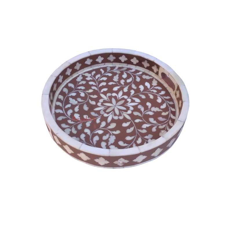 Bone Inlay Round Design Floral Pattern Serving Tray for Home Decor Kitchen Decor Tray