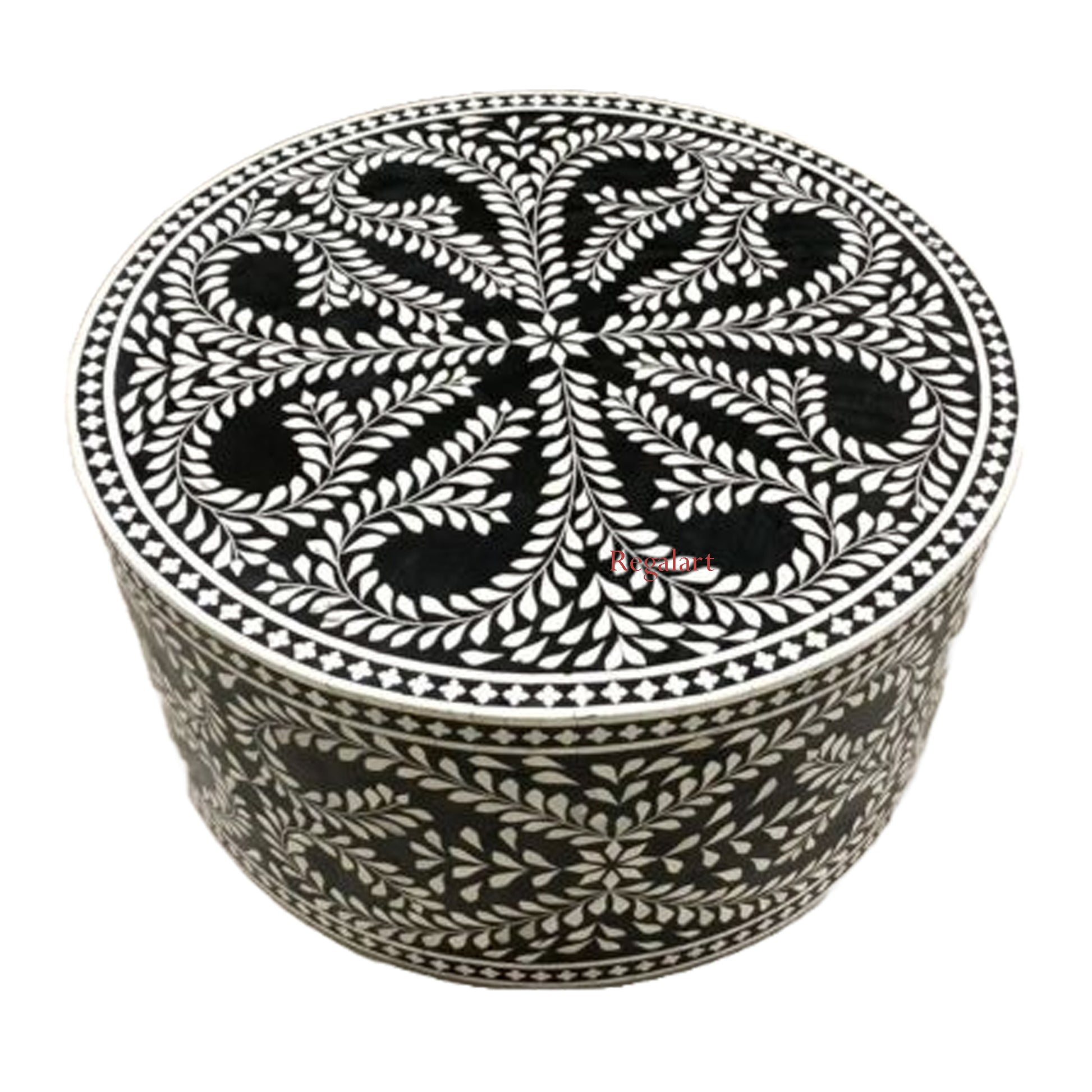 Bone Inlay Coffee Table Center Table Handmade Round Coffee Table Floral Pattern