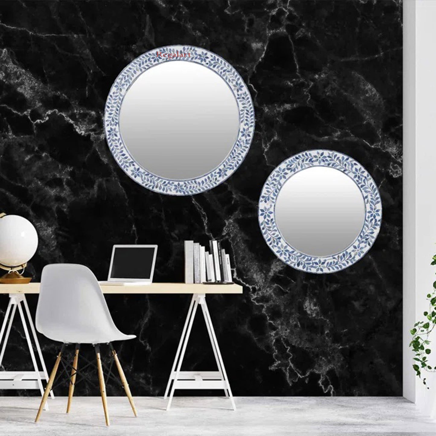 Handmade Blue Bone Inlay Wall Hanging Mirror Frame Floral end Round Pattern Mirror Home Decor Art