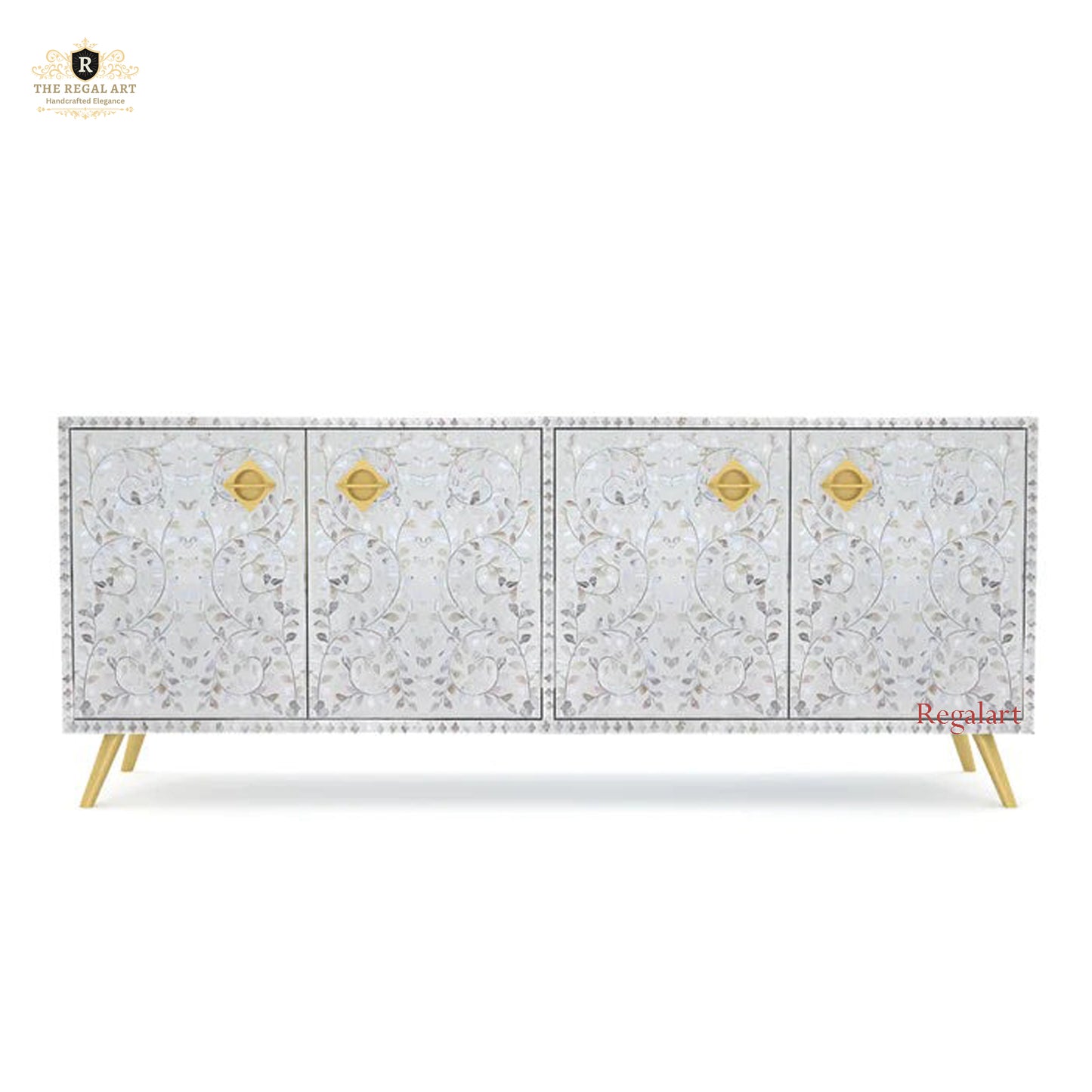 Handmade TV Unit Cabinet - White Mother of Pearl Inlay Media Console - Elegant Home Décor