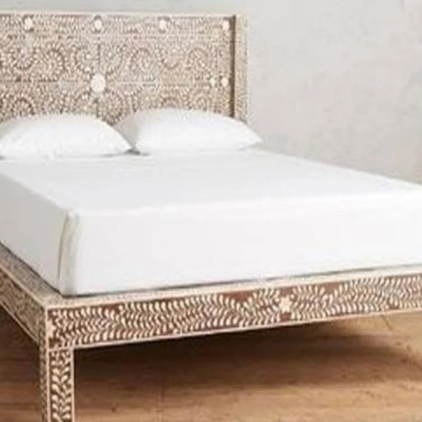 Bone Inlay Bed, Floral Pattern Vintage Look King And Queen Size Bed, Bedroom Décor Personalized