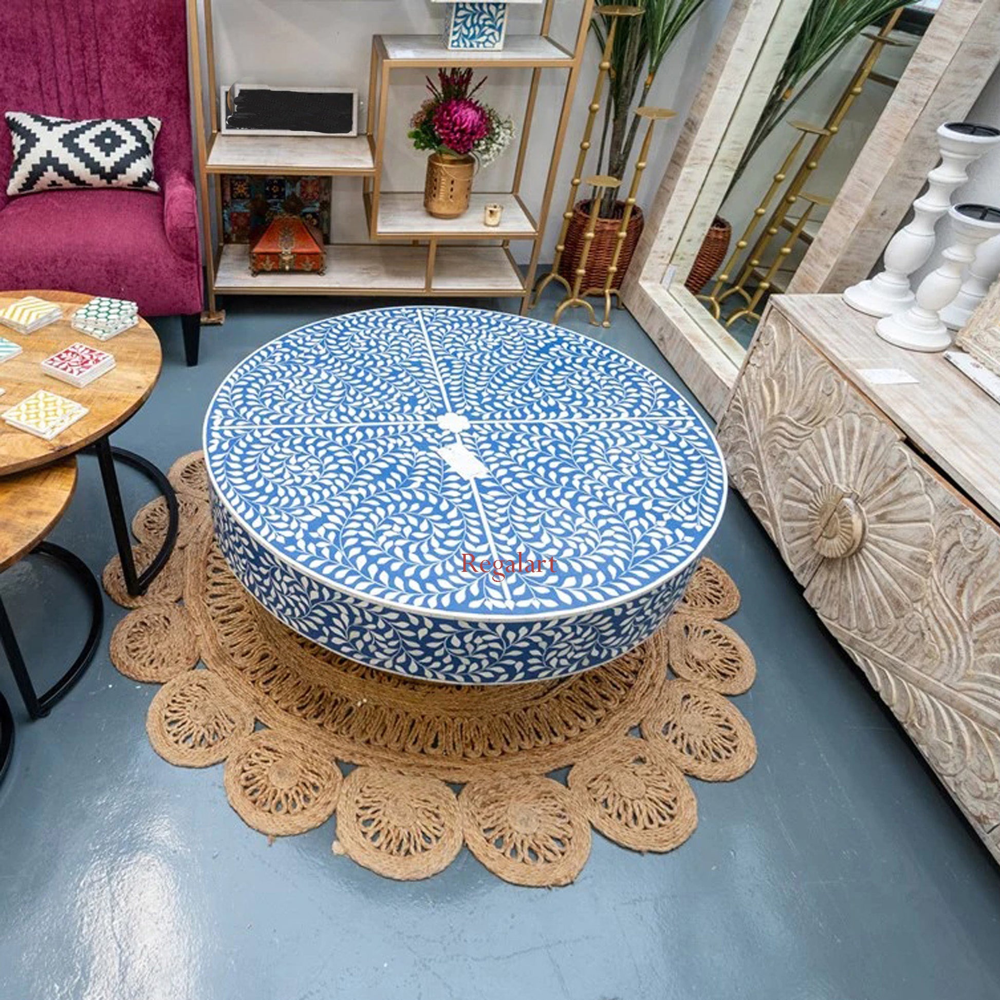 Bone Inlay Round coffee table floral pettan coffee table Home Decor