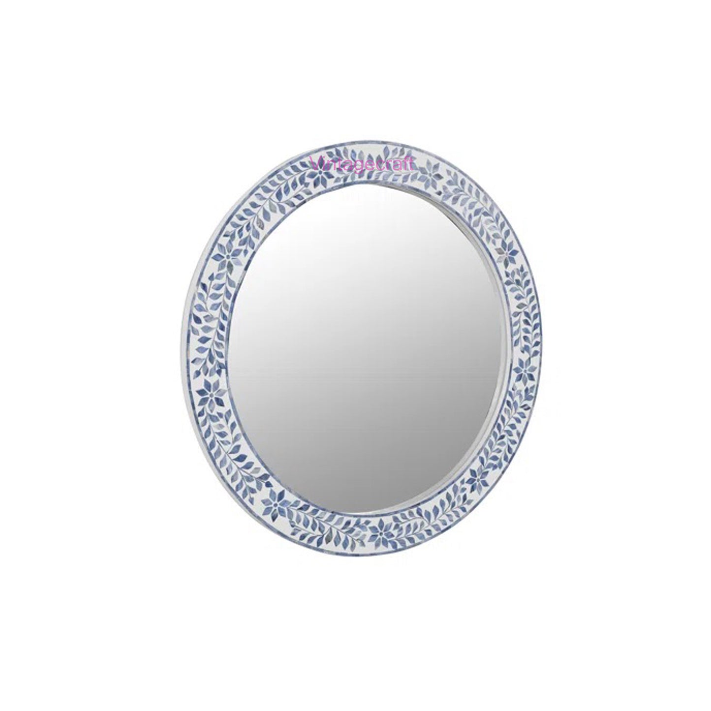 Handmade Blue Bone Inlay Wall Hanging Mirror Frame Floral end Round Pattern Mirror Home Decor Art