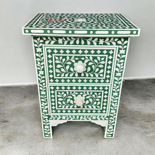 Top surface of bone inlay nightstand – handcrafted floral inlay design