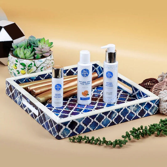 Bone Inlay Blue Tray - Farmhouse Coffee Table Tray - Vintage Perfume Tray - Pearl Decorative Tray - Large Trinket Tray - Blue Ottoman Tray